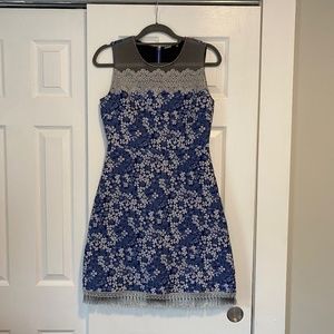 Elie Tahari Blue and White Floral Embroidered Dress